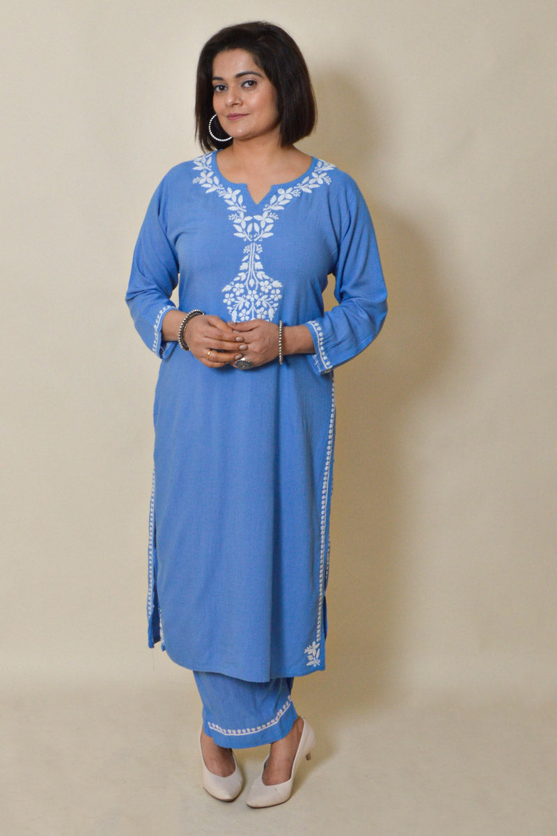 Blue Color Rayon Cotton Lucknowi Chikankari Kurta Bottom Set