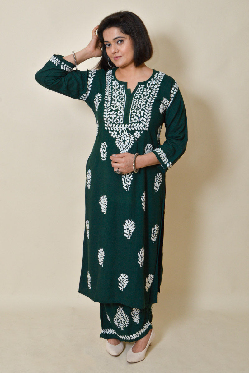 Olive Green color rayon cotton Lucknowi chikankari kurta bottom set