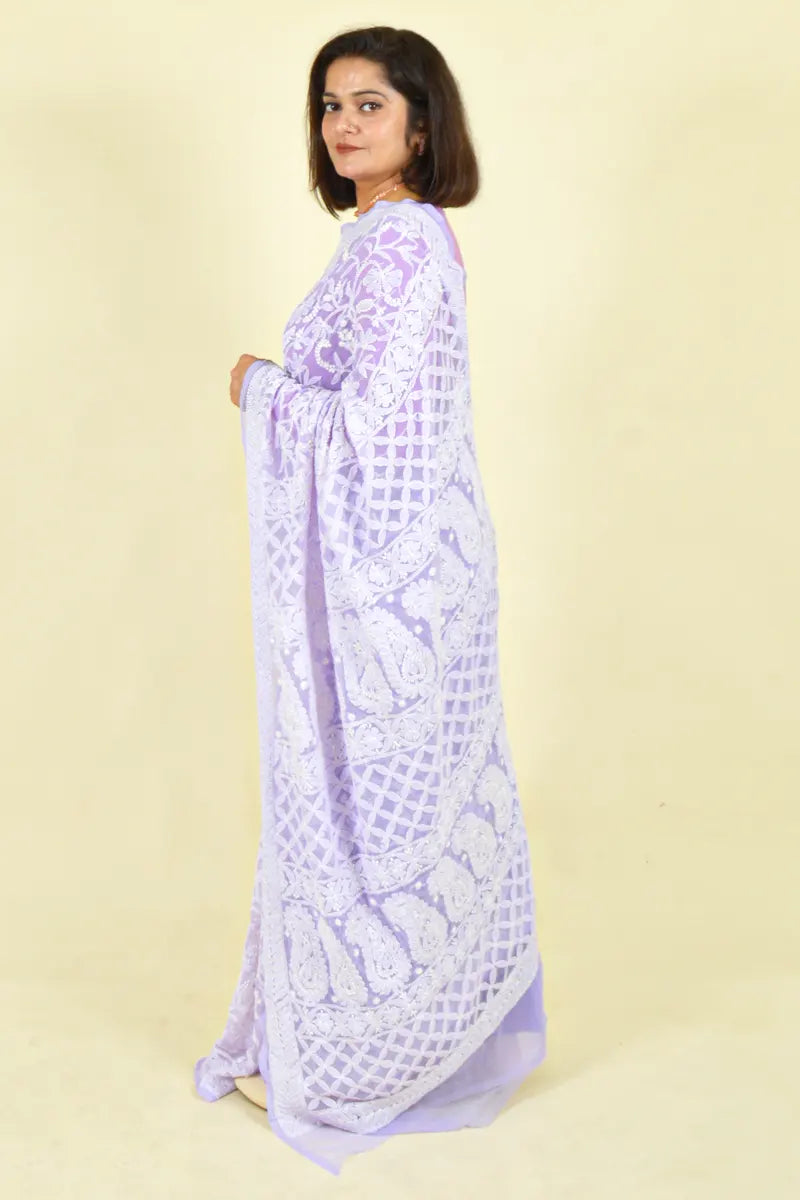 Fabnuma Handcrafted Lavender Georgette Chikankari Saree-Blouse