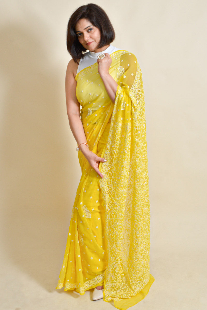 Fabnuma Handcrafted Yellow Georgette Chikankari Saree-Blouse