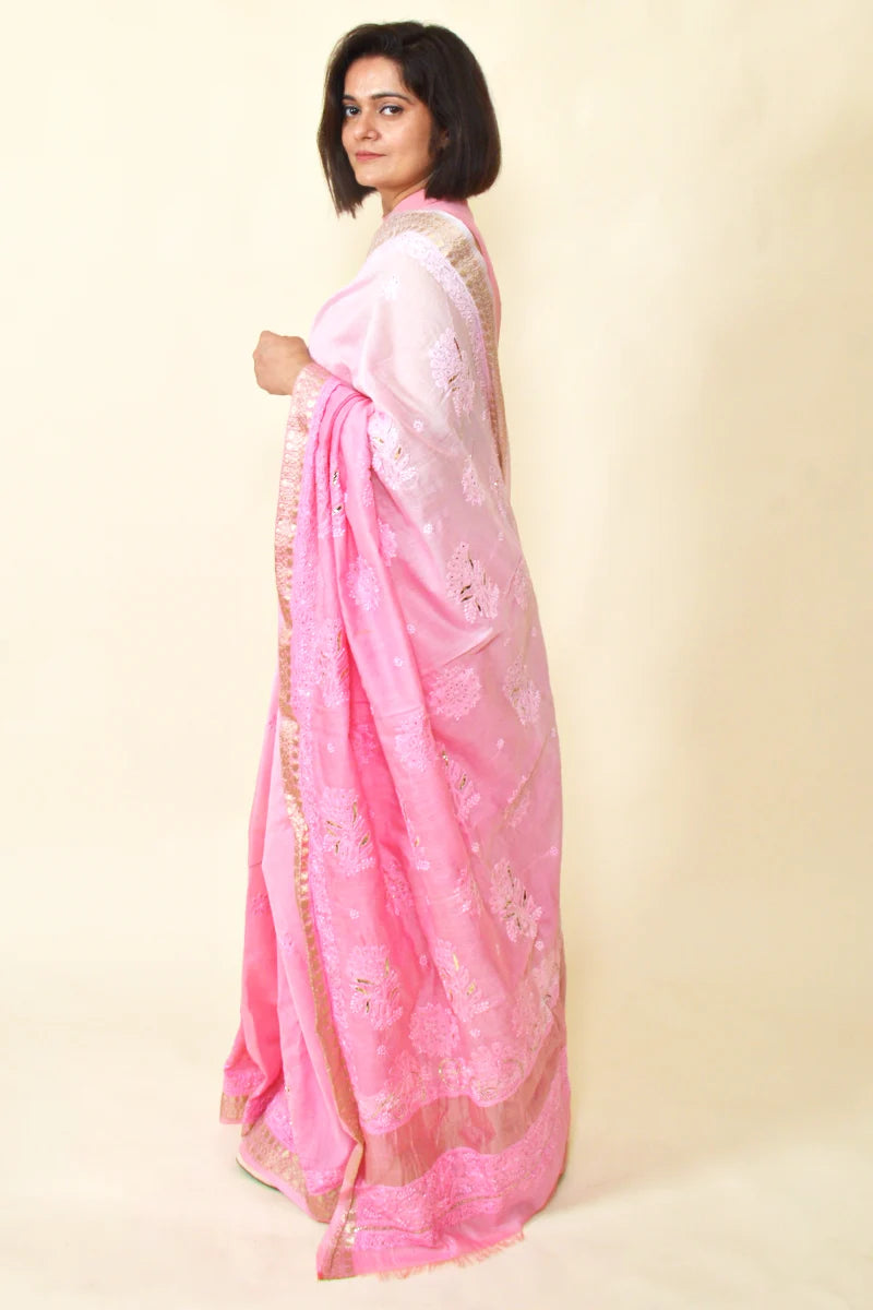 Pink Shaded Colour Chanderi  Lucknowi Chikankari Saree With Blouse