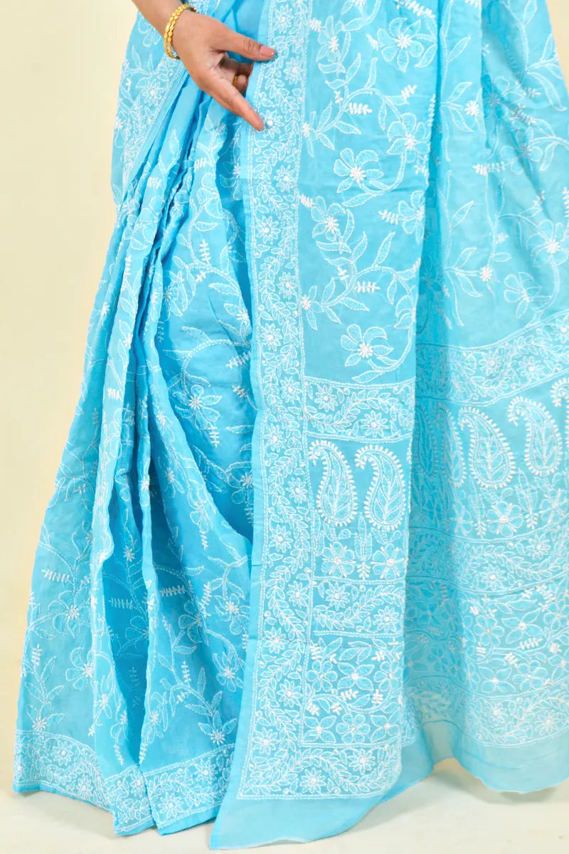 Sky Blue Colour Cotton Lucknowi Chikankari Saree With Blouse