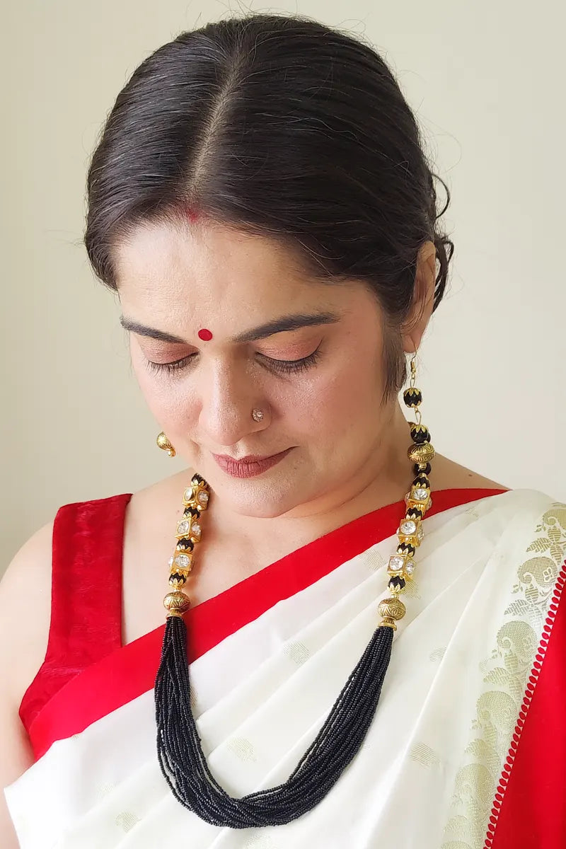 Black & Golden Beads Color  Layer Neckpiece  With Dangle Earrings