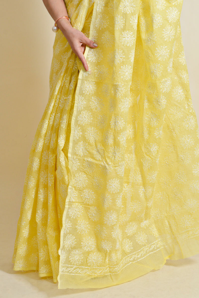 Lemon Colour Kota Cotton Lucknowi Chikankari Tepchi Saree With Blouse