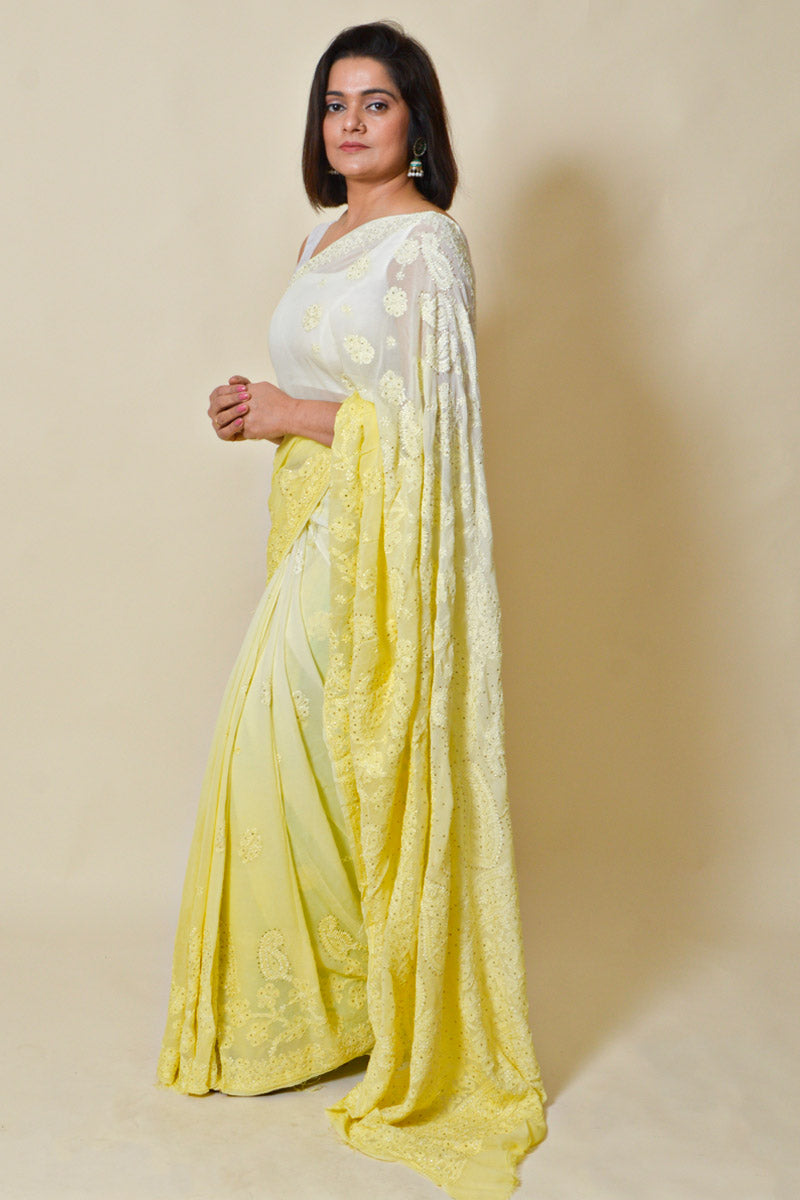 Shaded Lemon Color Viscose Lucknowi Chikankari saree with Mukesh work