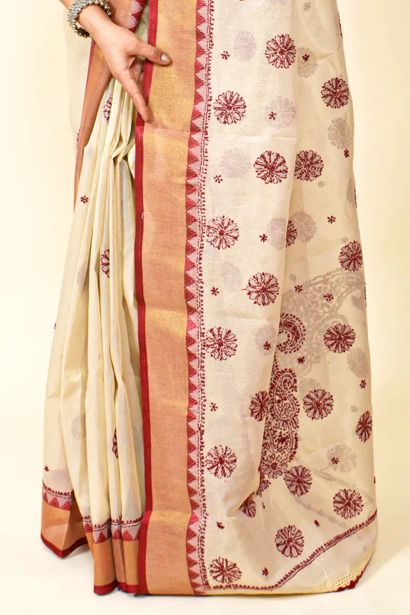 Red Brown Color With Chanderi Border Supernet Hand Embroidered Lucknowi Chikankari Saree With Blouse