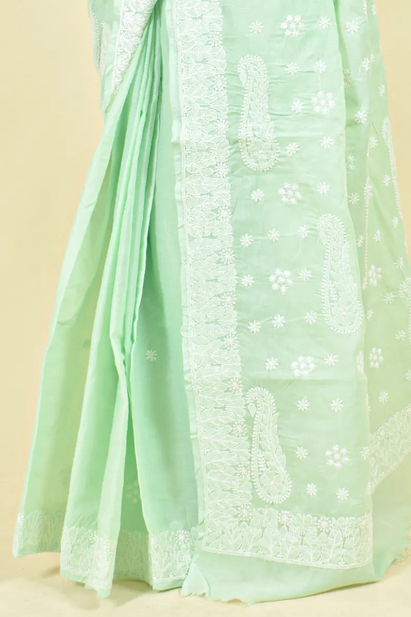 Mint Green Cotton Lucknowi Chikankari Saree With Blouse