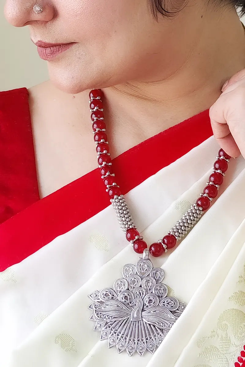 Red Color Beaded  Neckpiece Oxidize Plated Pendant