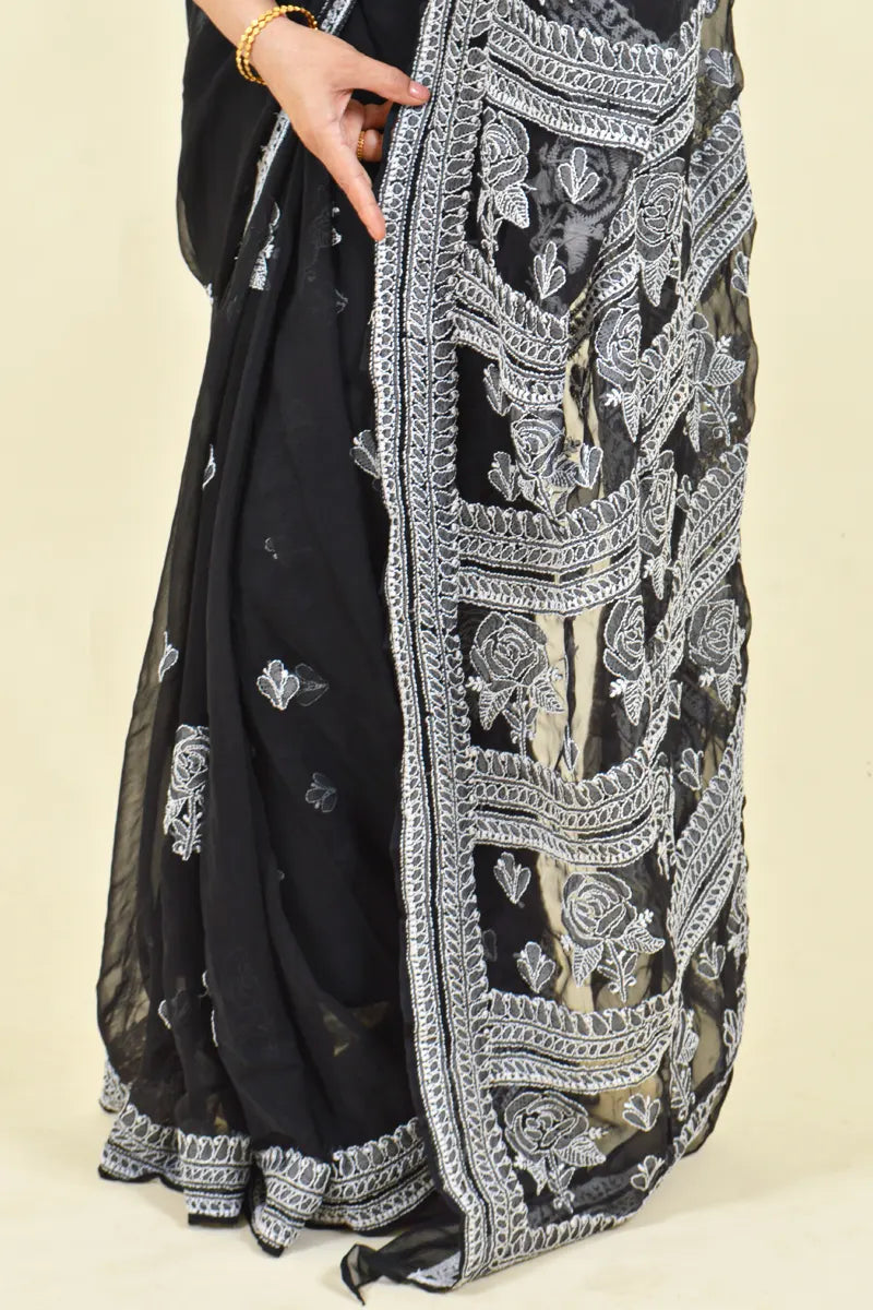 Black Colour Georgette Lucknowi Chikankari Saree With Blouse