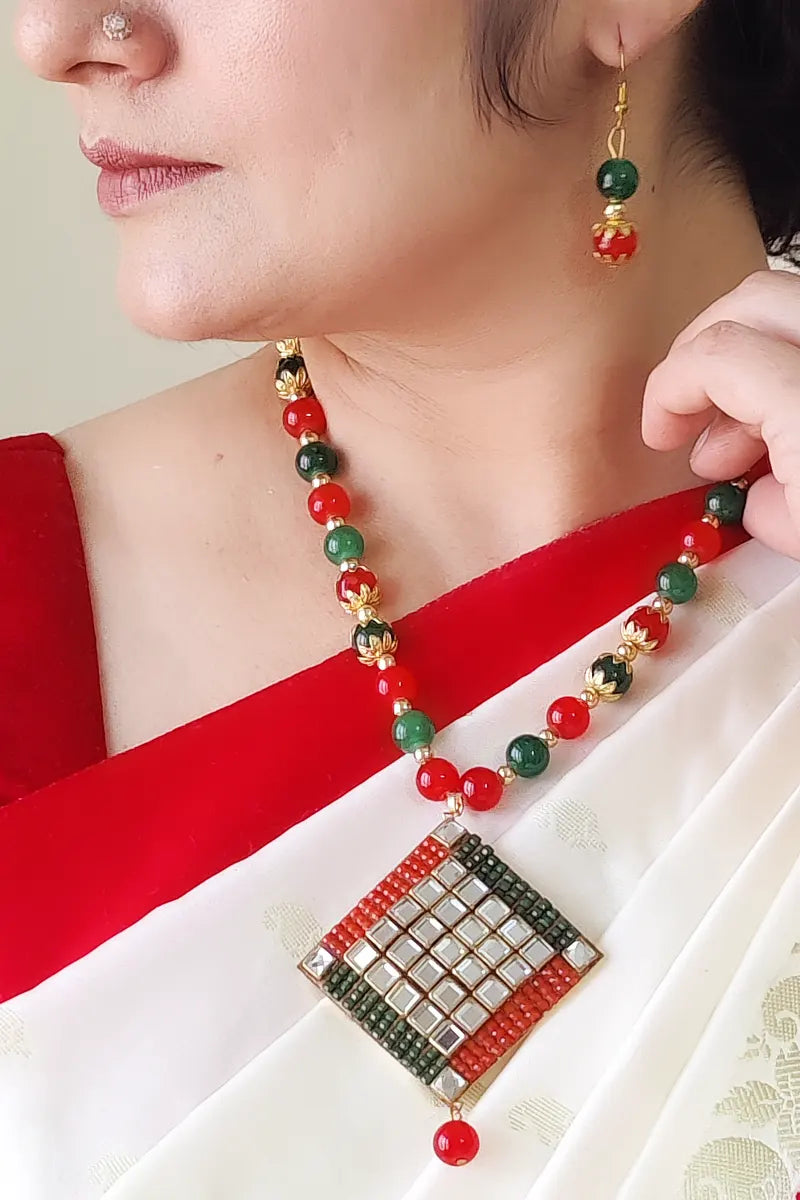 Red & Green Color Beaded  Neckpiece Stone Plated Pendant With Dangle Earrings