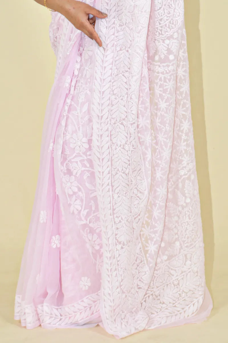 Pink Colour Georgette Lucknowi Chikankari Saree With Blouse