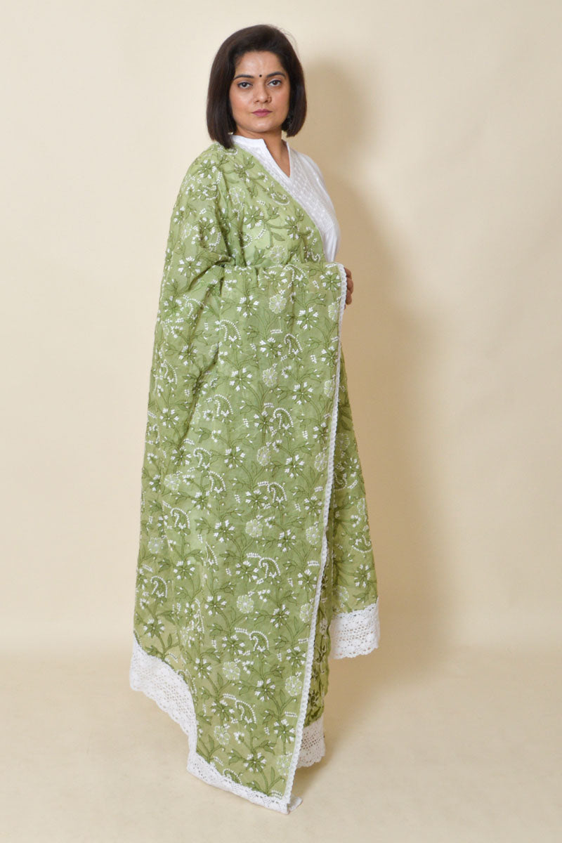 Green color cotton Allover Lucknowi Chikankari Dupatta