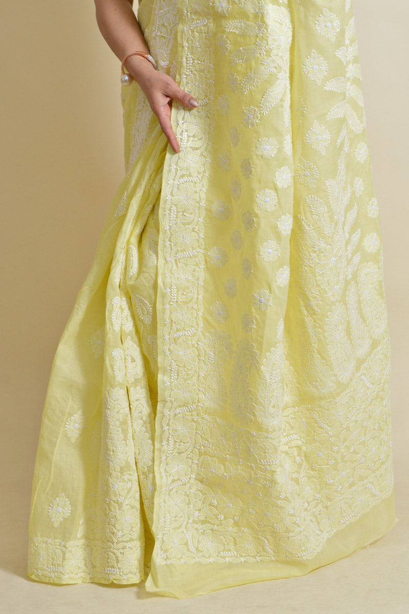 Lemon Colour Cotton Lucknowi Chikankari Saree Wth Blouse