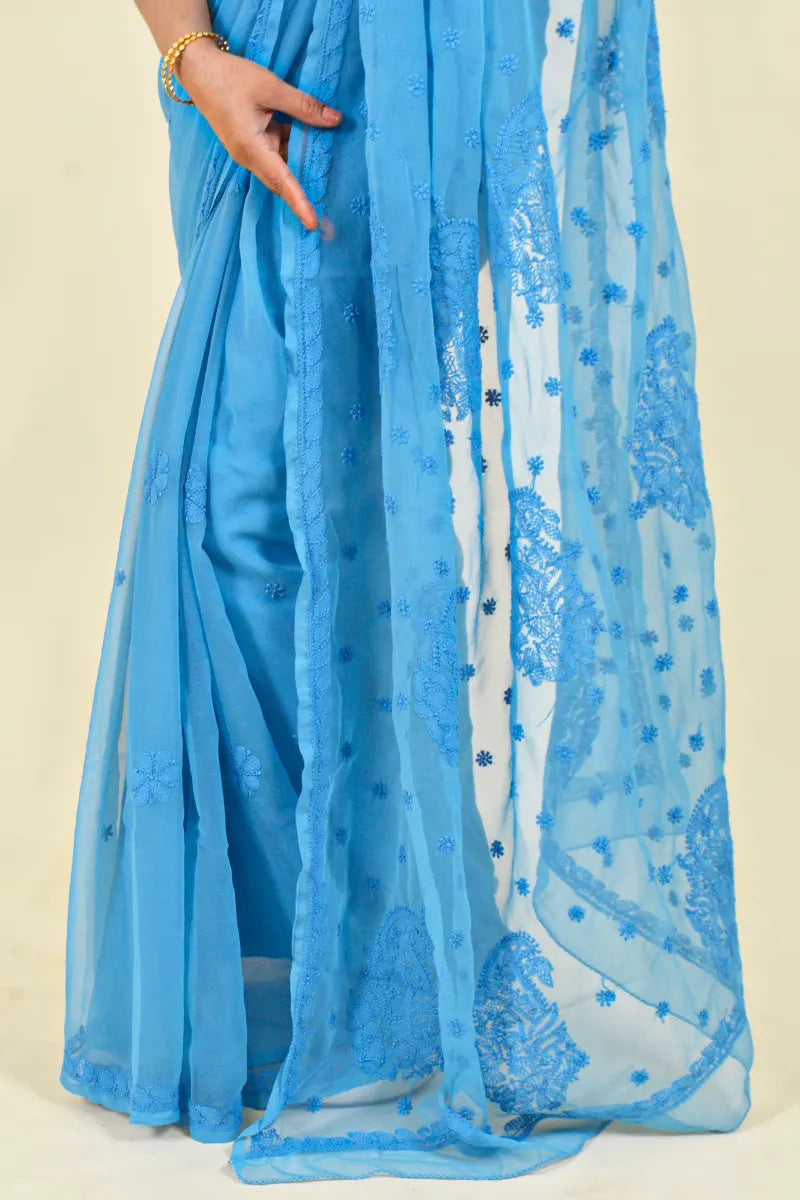 Turquoise Blue Colour Georgette Lucknowi Chikankari Saree With Blouse