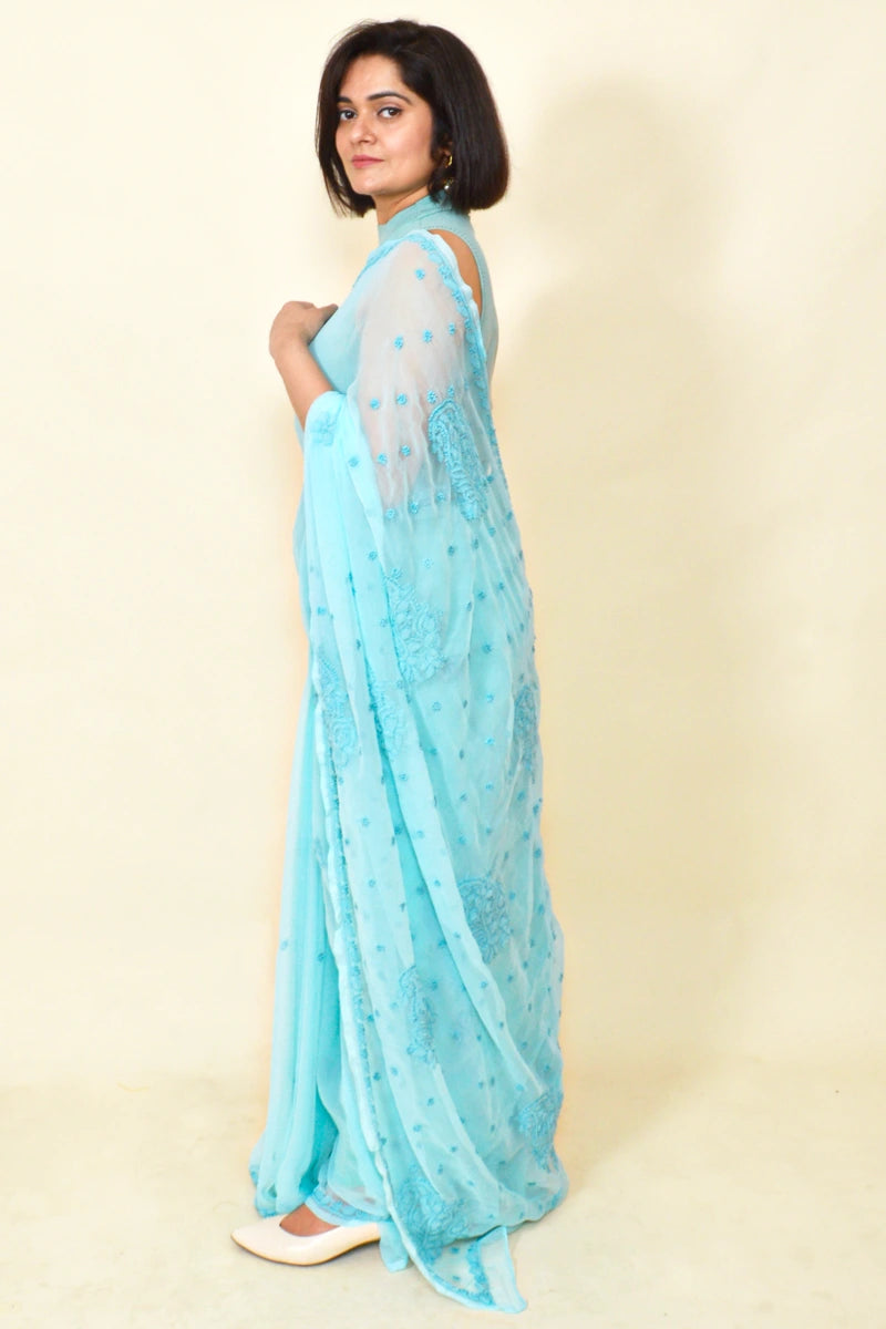 Sky Blue Colour Georgette Lucknowi Chikankari Saree With Blouse