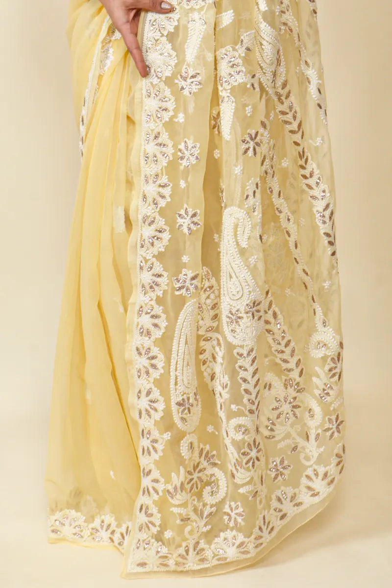 Fawn Colour Georgette Gota Patti Work Lucknowi Chikankari Saree With Blouse