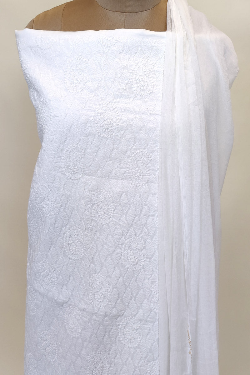 White Colour Cotton Lucknowi Chikankari 3pcs Unstiched Suit Set