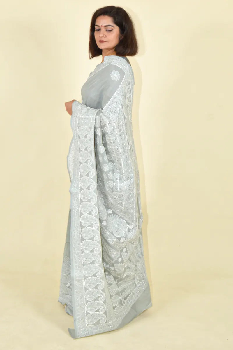 Gray Colour Cotton Lucknowi Chikankari Saree With Blouse