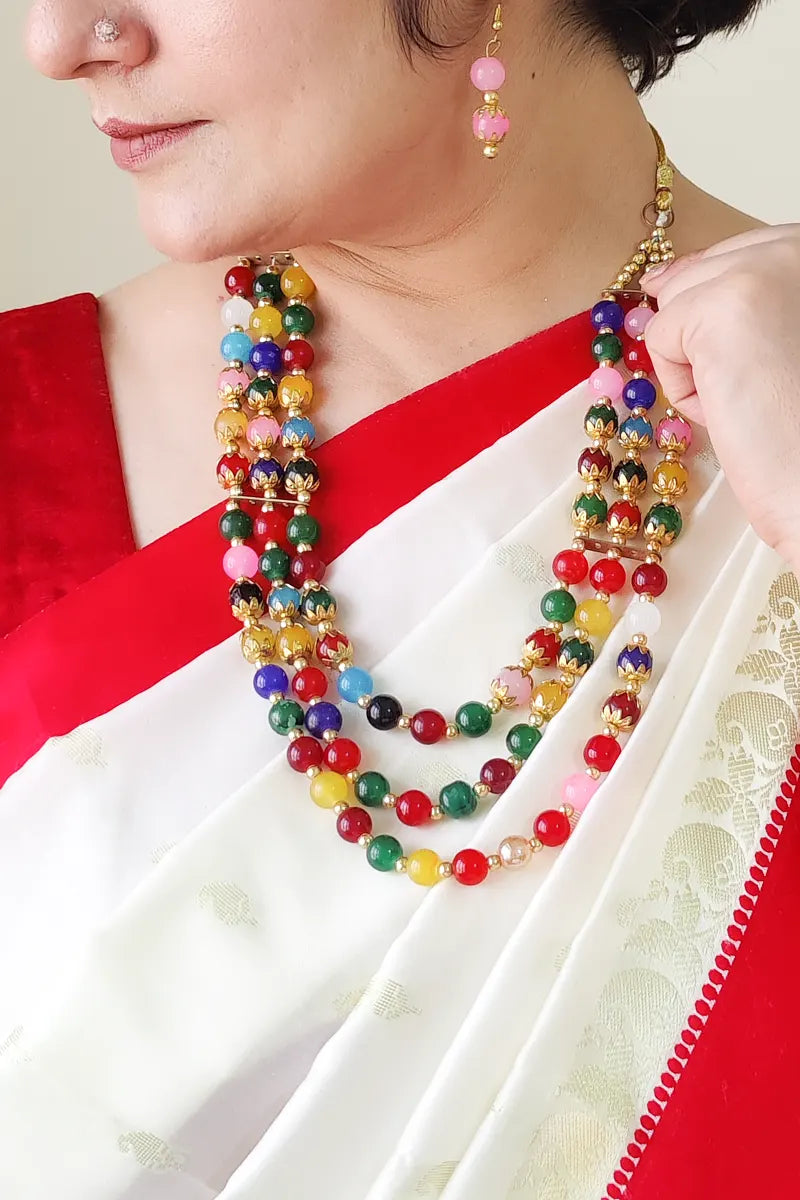 Multi Color Beaded Layer Neckpiece  With Dangle Earrings