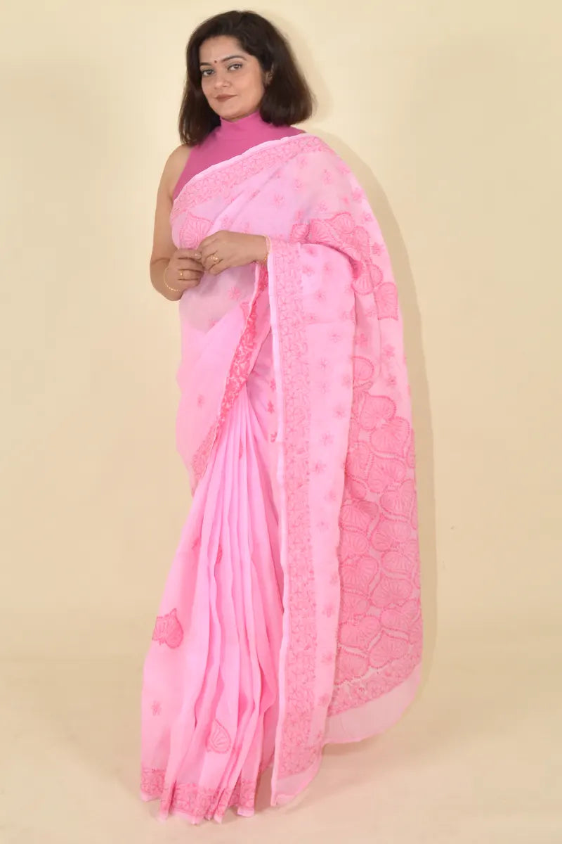 Pink Colour Cotton Lucknowi Chikankari Saree With Blouse