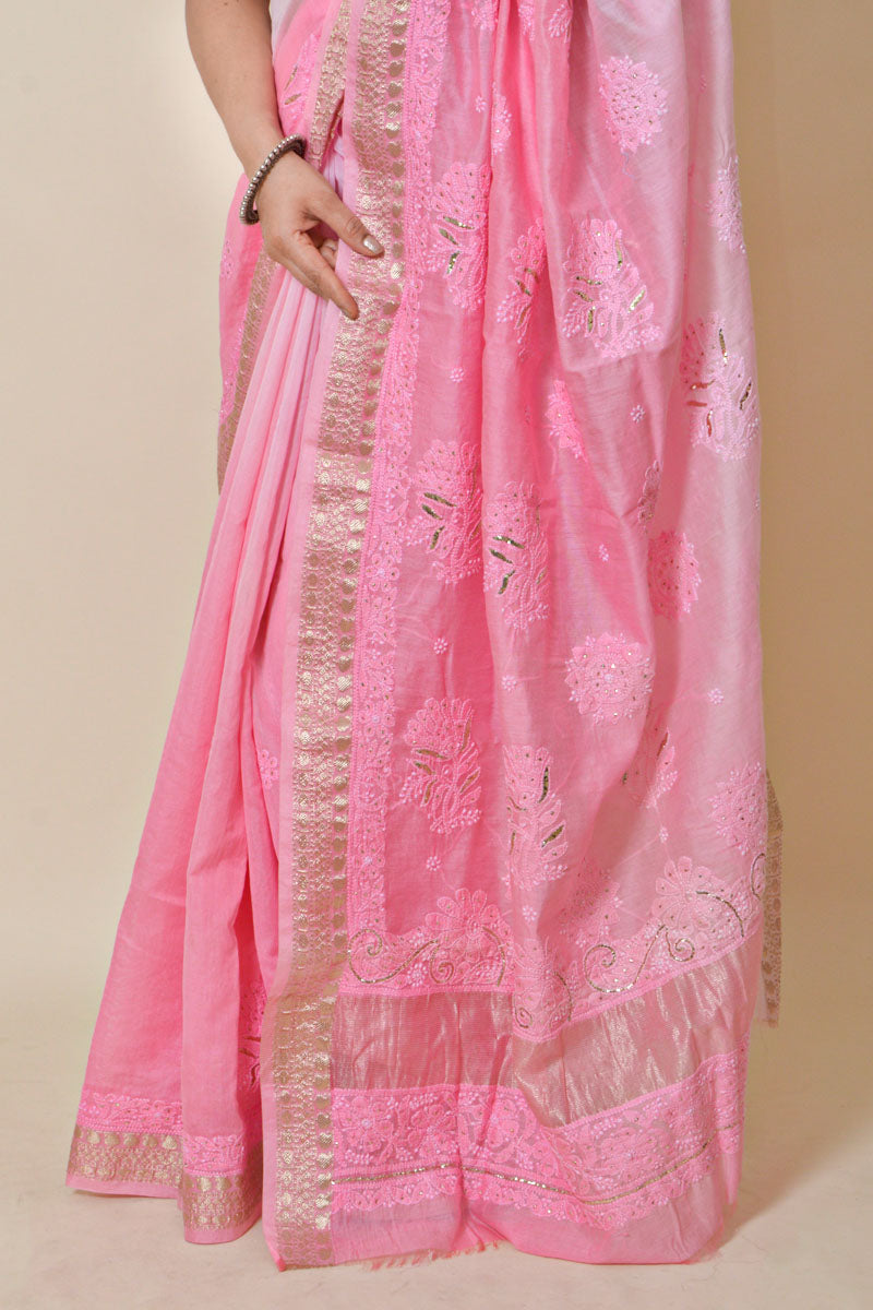 Pink Colour Chanderi Lucknowi Chikankari saree with Blouse