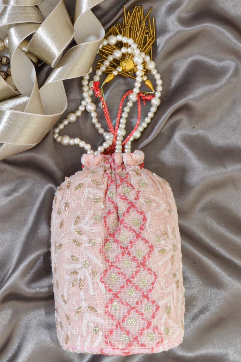 Pink Color Hand Embroidered Lucknowi Chikankari Potli Bag