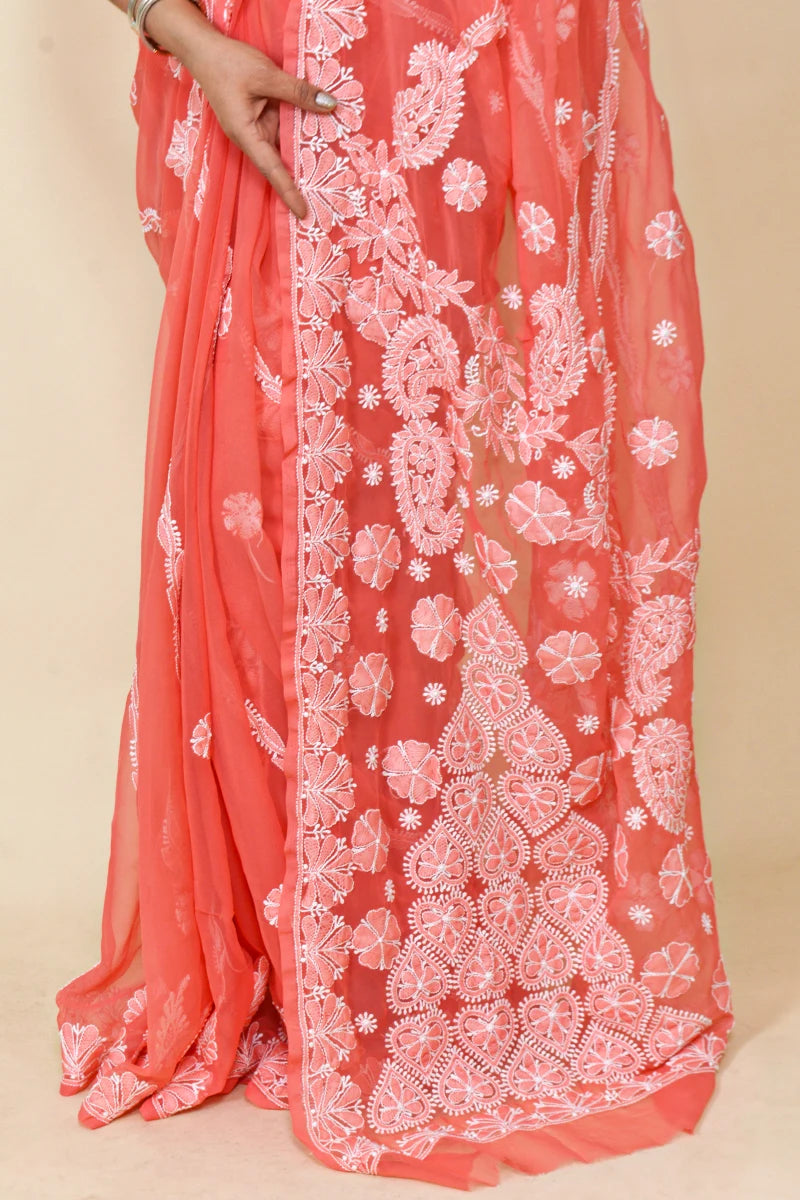 Carrot Red Colour Georgette Lucknowi Chikankari Saree With Blouse