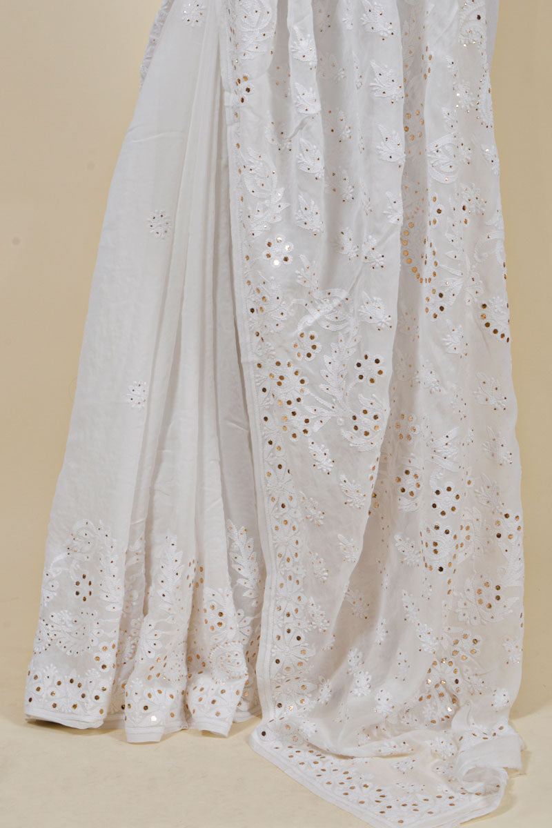 White Colour Viscose Lucknowi Chikankari Saree With Mukesh Work