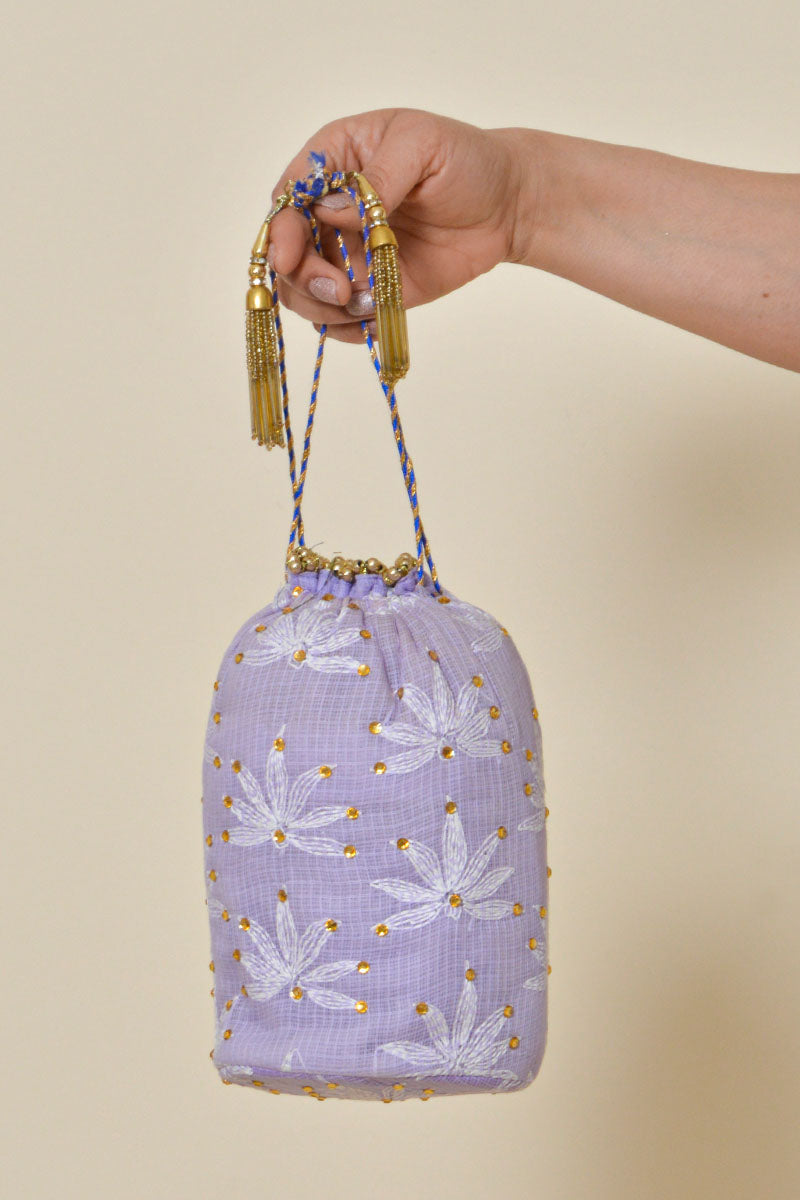 Lavender Color Hand Embroidered Lucknowi Chikankari Potli Bag