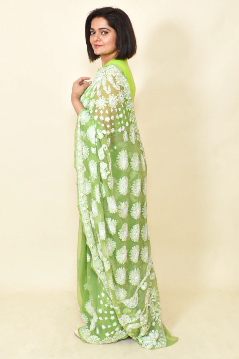 Green Colour Georgette Lucknowi Chikankari Saree With Blouse