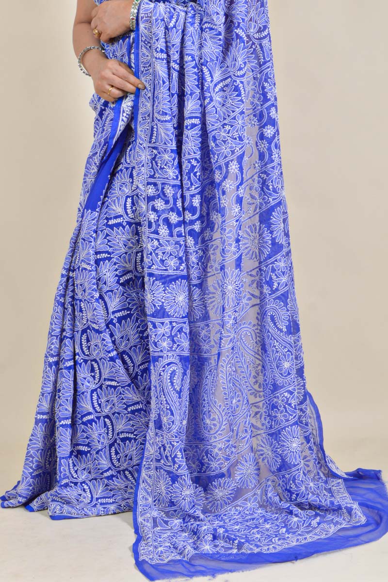 Blue Colour Georgette Lucknowi Chikankari Saree With Blouse