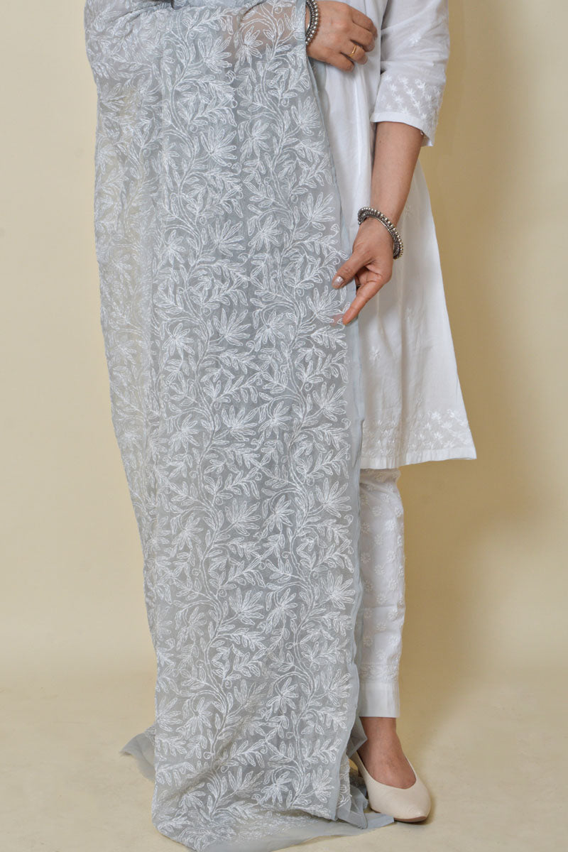 Grey color Georgette Allover Tepchi work Lucknowi Chikankari Dupatta