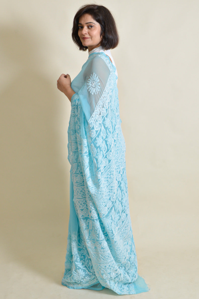 Sky Blue Colour Georgette Lucknowi Chikankari Saree With Blouse