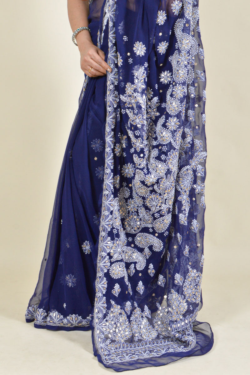 Navy Blue Color Lucknowi Chikankari Georgette Saree