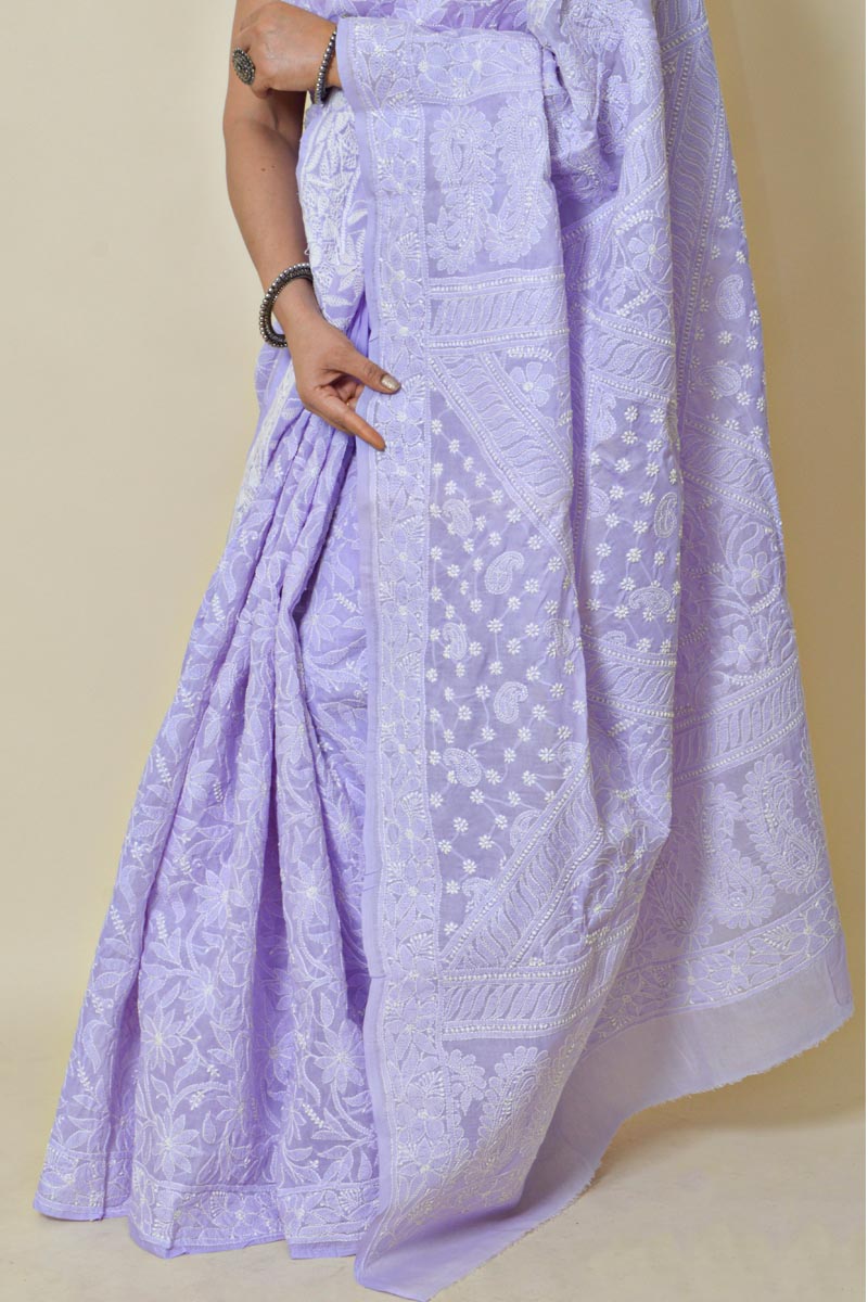 Lavender Colour Cotton Lucknowi Chikankari Saree With Blouse