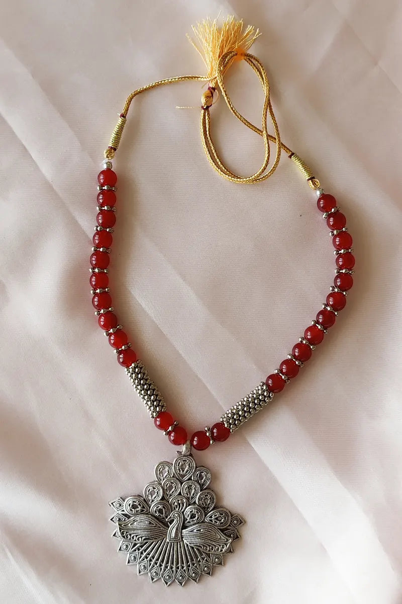 Red Color Beaded  Neckpiece Oxidize Plated Pendant