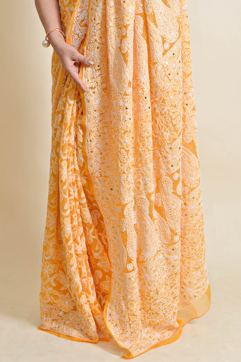 Orange Colour Georgette Lucknowi Chikankari Saree With Blouse