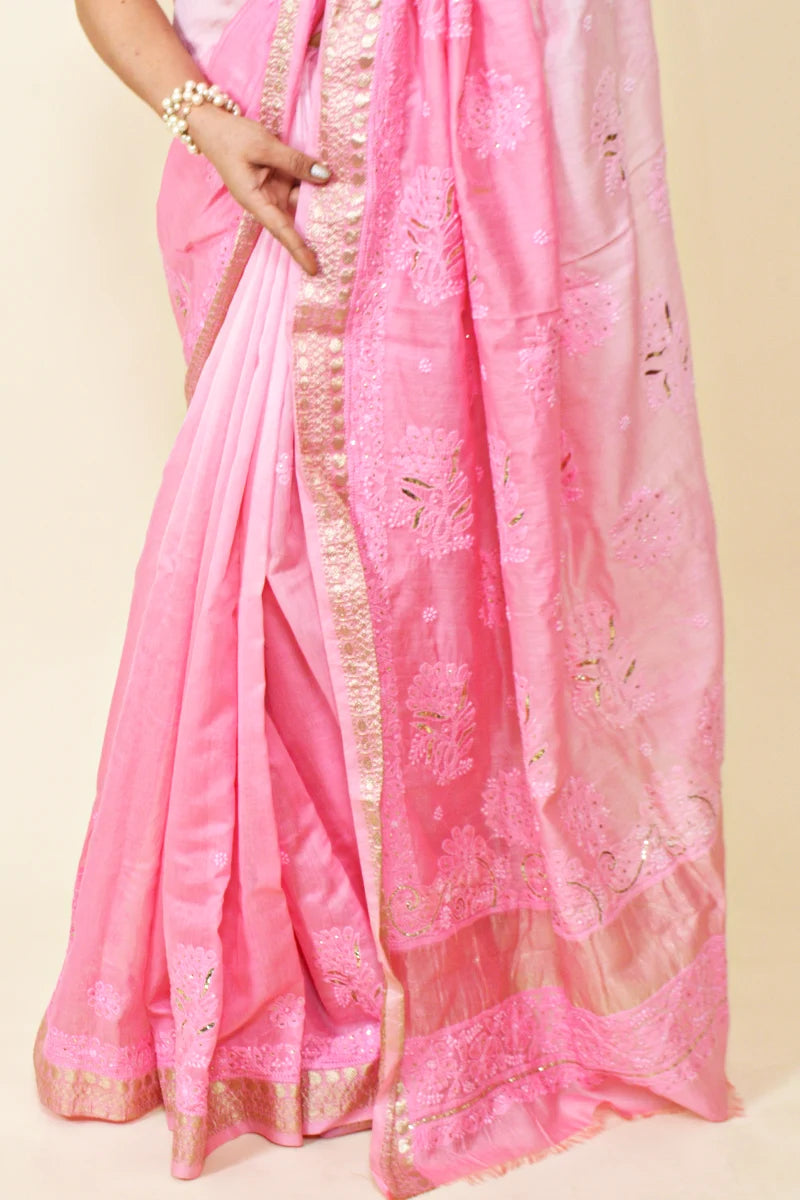 Pink Shaded Colour Chanderi  Lucknowi Chikankari Saree With Blouse