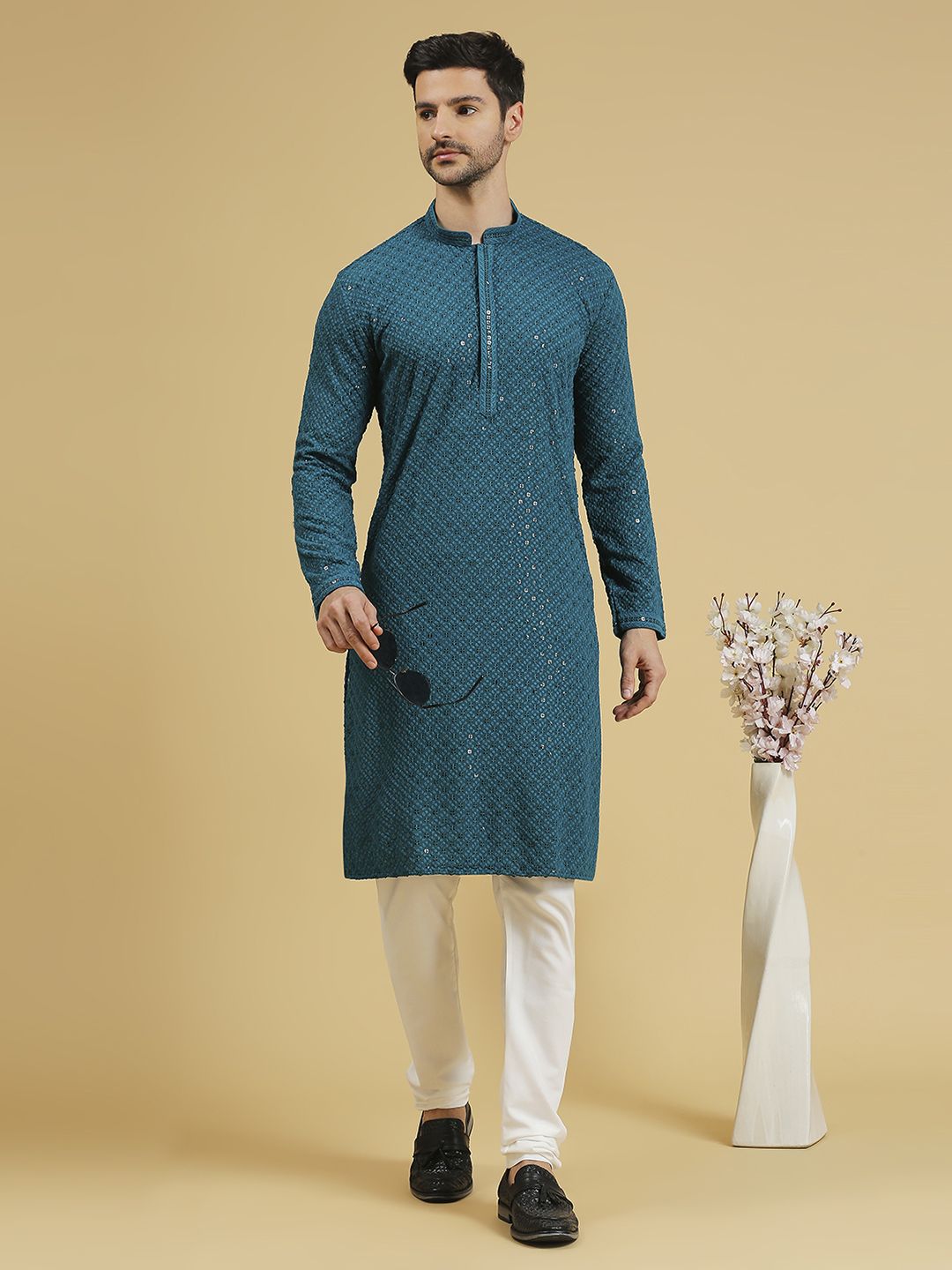 Blue Color Lucknowi Mens Chikankari Kurta