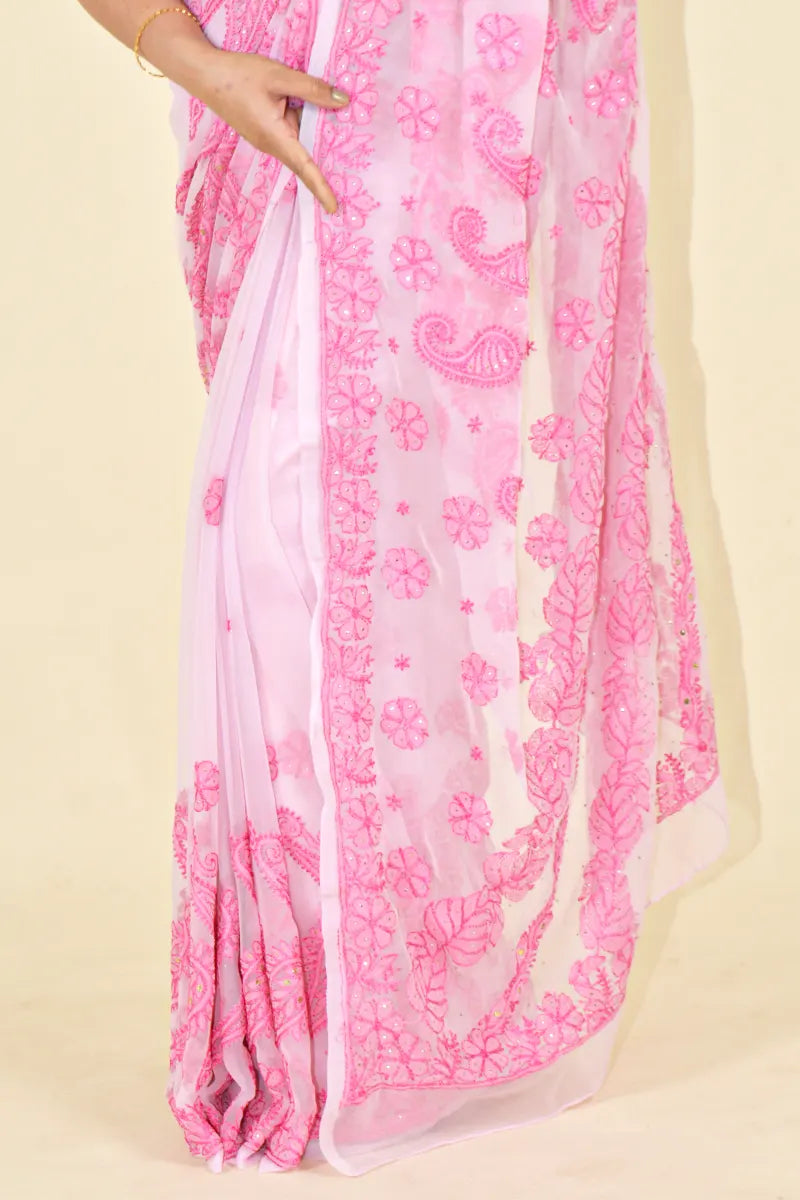 Pink Colour Georgette  Lucknowi Chikankari Saree With Blouse