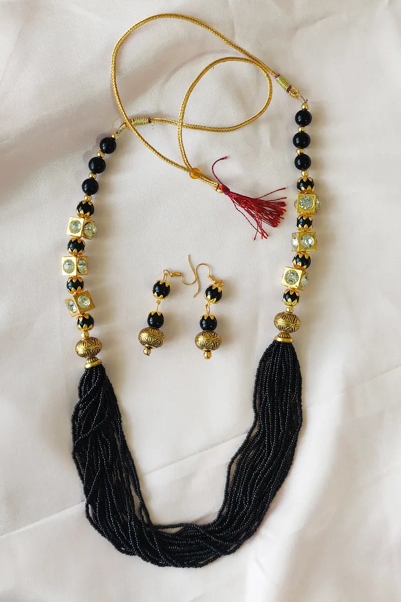 Black & Golden Beads Color  Layer Neckpiece  With Dangle Earrings