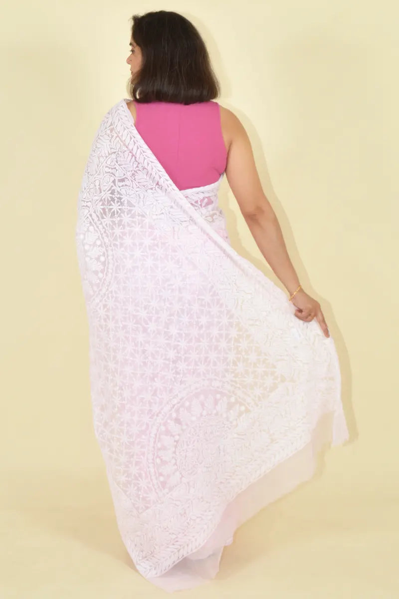 Pink Colour Georgette Lucknowi Chikankari Saree With Blouse