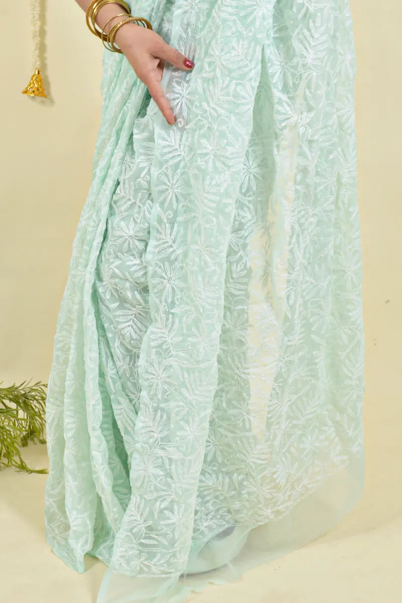 Mint Green Colour Georgette Lucknowi Chikankari Saree With Blouse