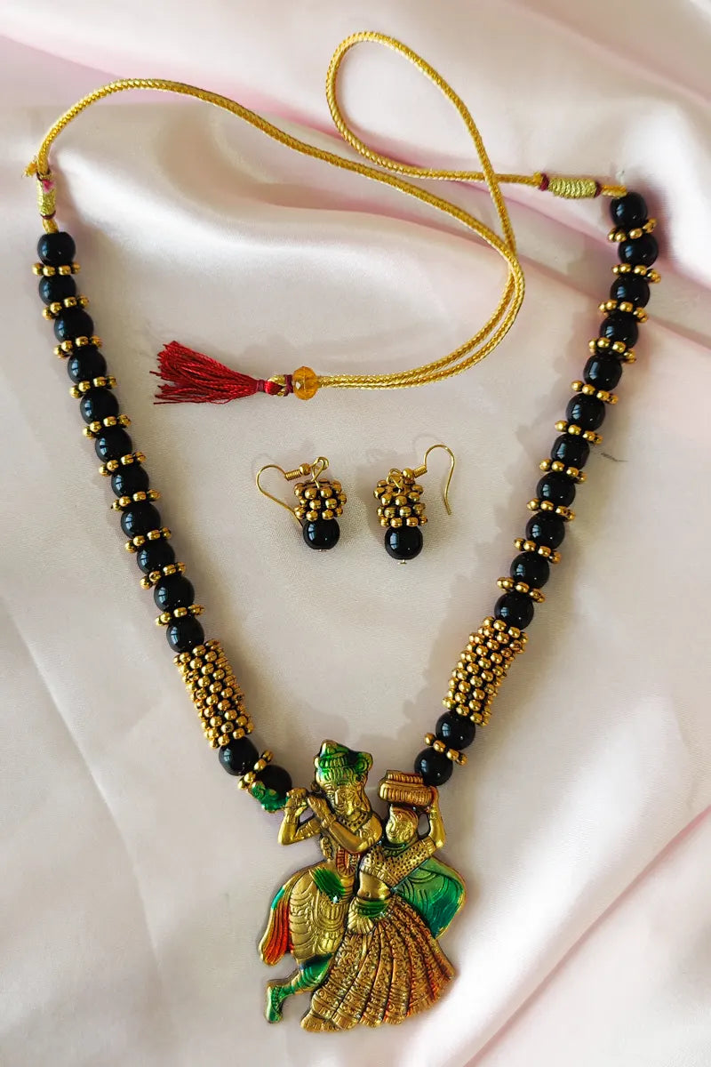 Black Color Glass Beads Neckpiece  Radha Krishna  Plated Pendant With Dangle Earrings