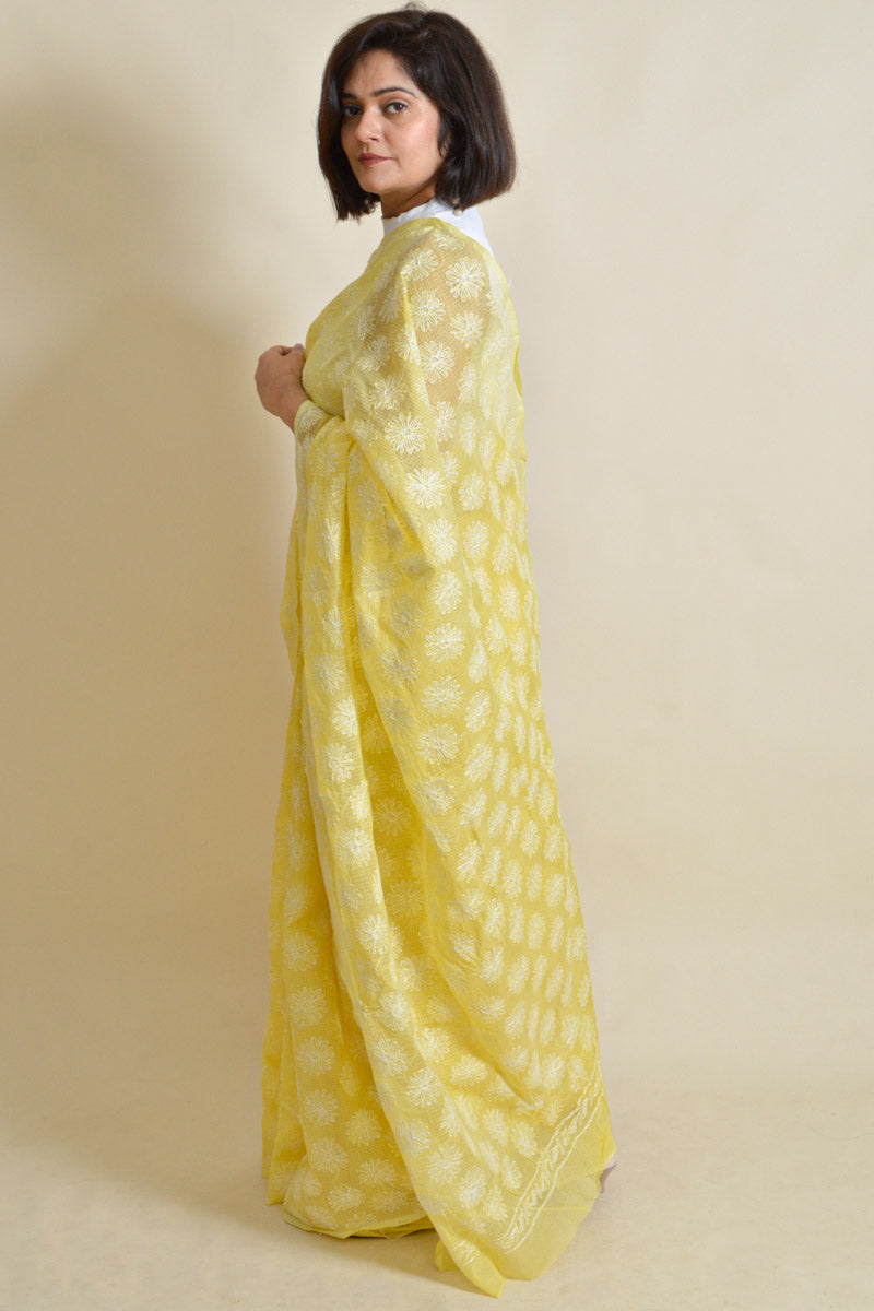 Lemon Colour Kota Cotton Lucknowi Chikankari Tepchi Saree With Blouse