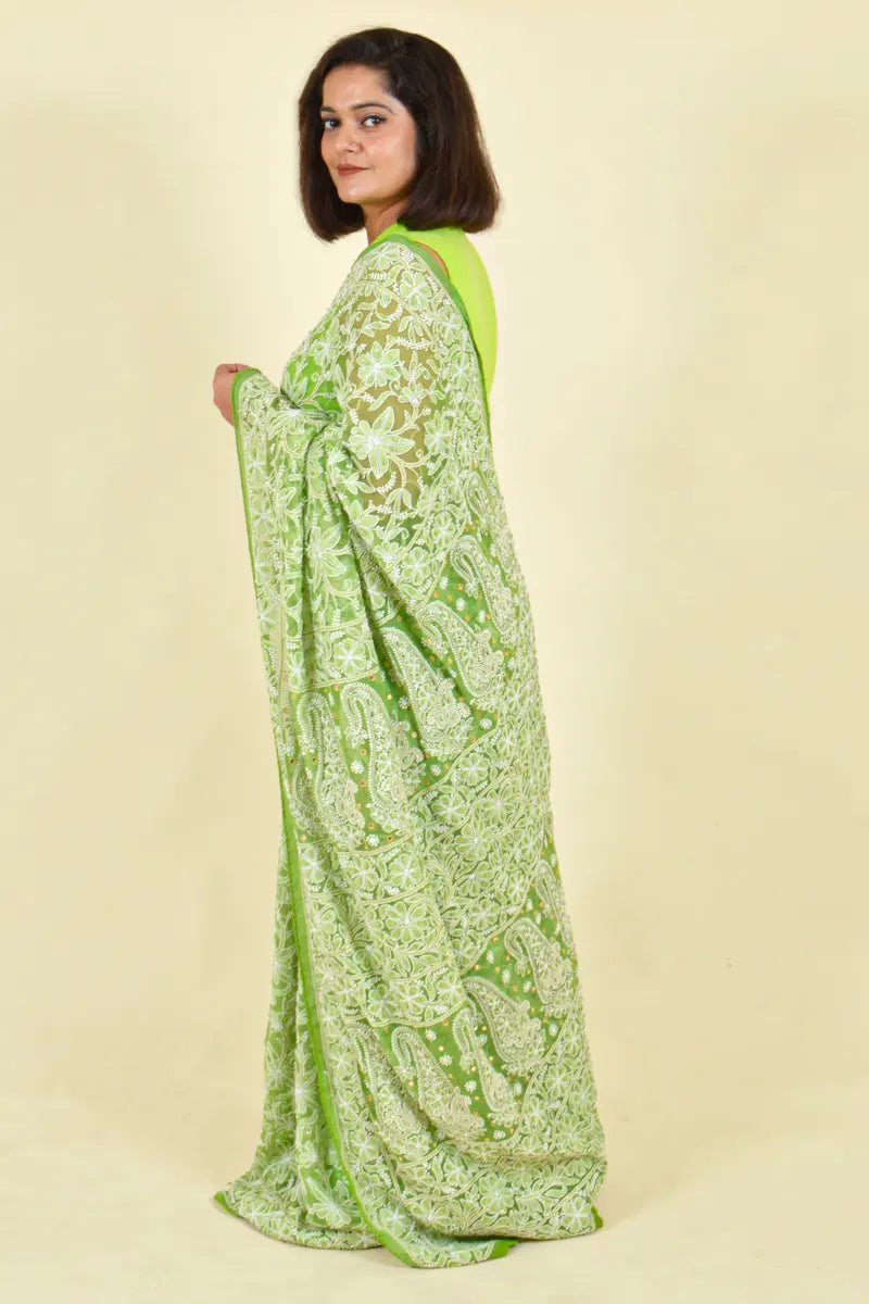 Green Colour Georgette Lucknowi Chikankari Saree With Blouse