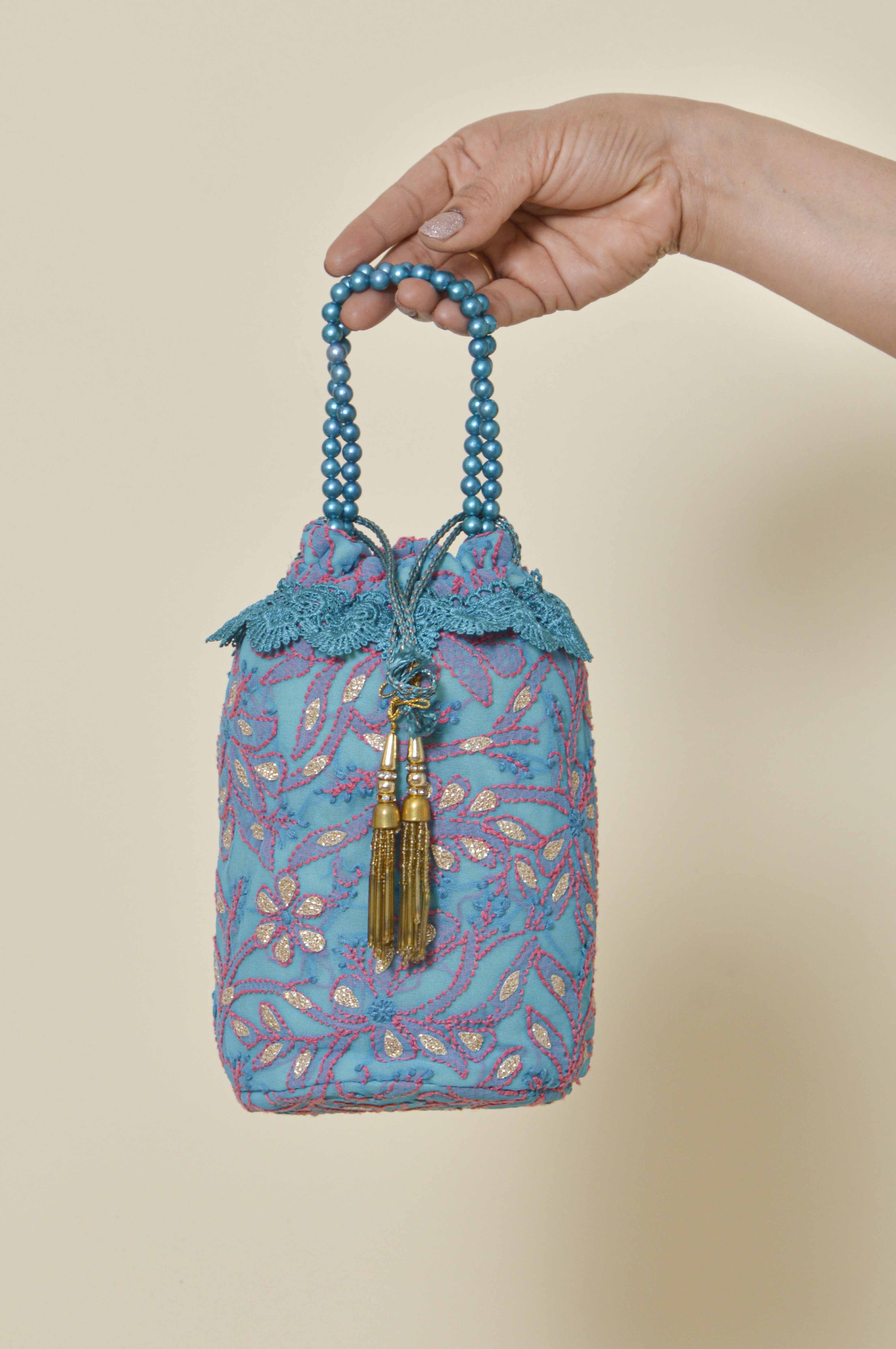 Blue Color Hand Embroidered Chikankari Potli Bag