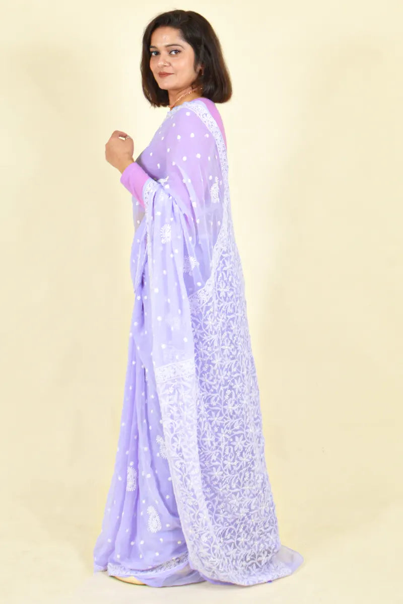 Fabnuma Handcrafted Lavender Georgette Chikankari Saree-Blouse