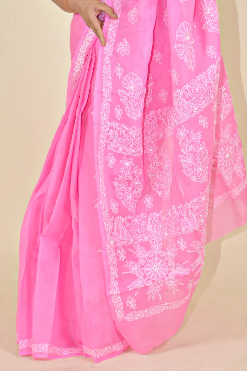 Pink Colour Cotton Lucknowi Chikankari Saree With Blouse