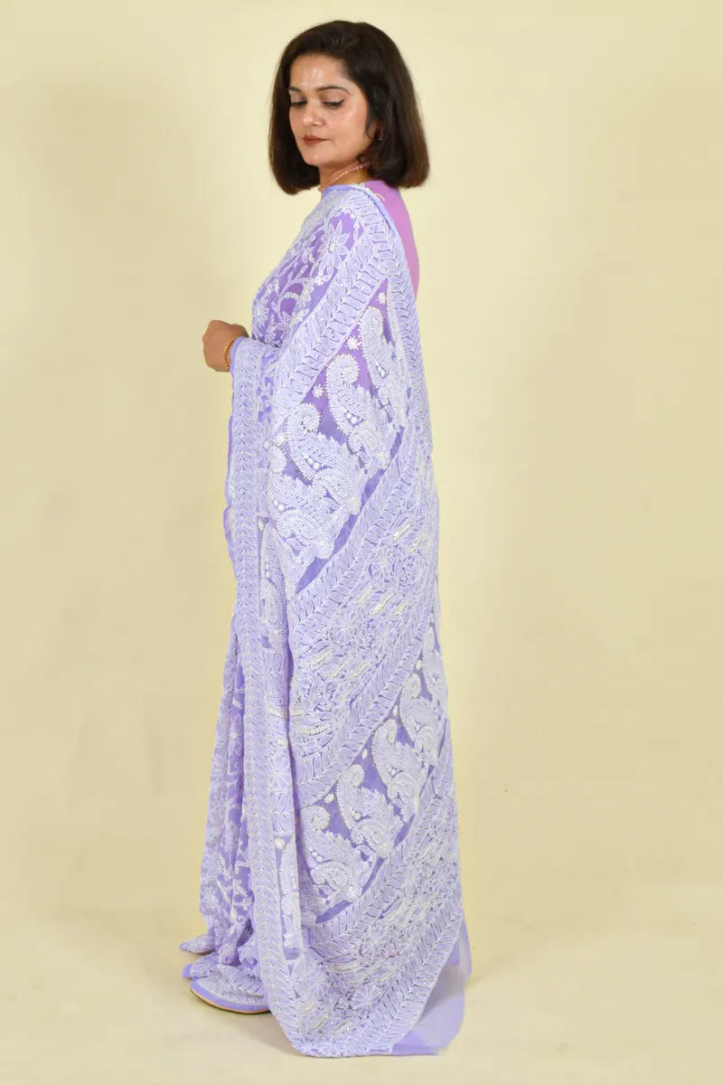 Fabnuma Handcrafted Lavender Georgette Allover Chikankari Saree-Blouse